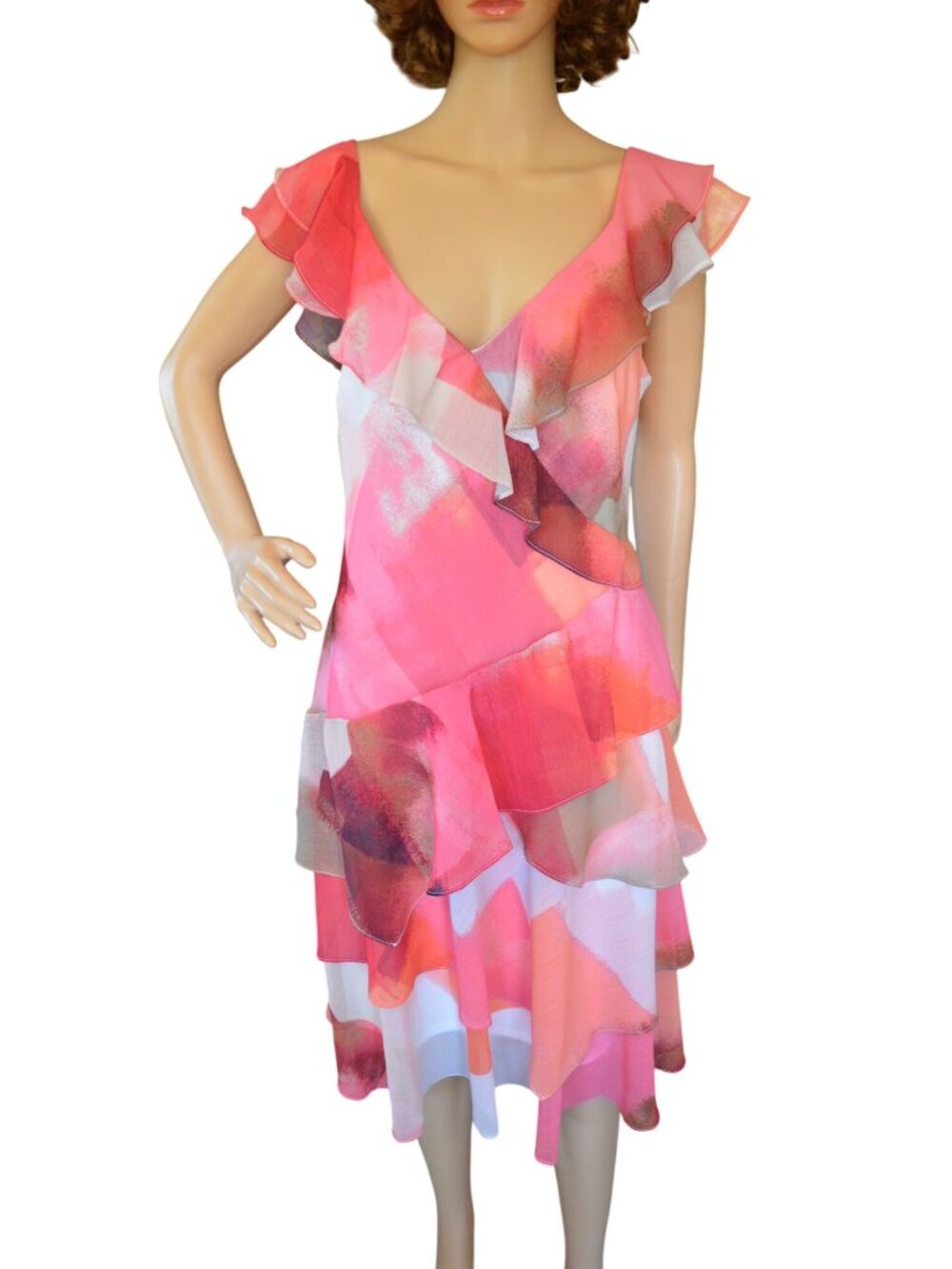 Donna Karan New York Waterfall Ruffled Watercolor Midi Dress Women's Size 10